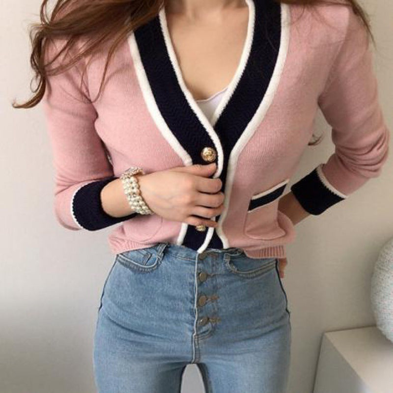 Chic Contrasting-color V-neck Knitted Cardigan for Women