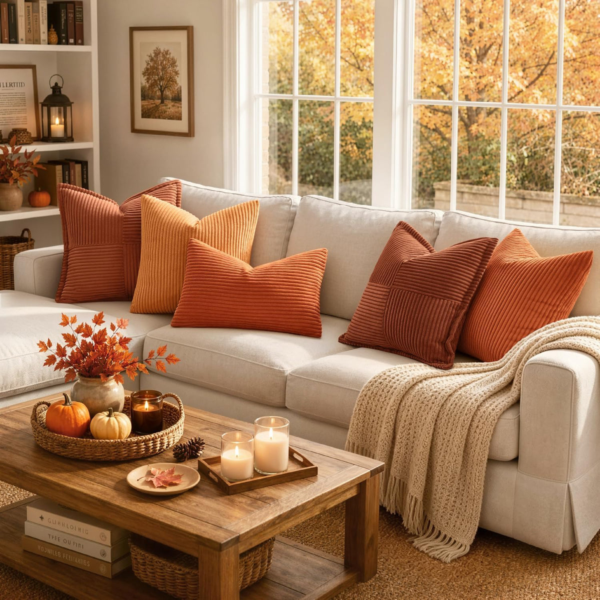 Fall Corduroy Throw Pillow Covers 2 Pack, 14x14 Inch Decorative Cushion Cases for Sofa, Couch, Bed and Home Decor, Orange