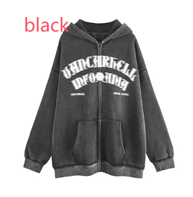 Vintage Distressed Oversized Letter Zip Hoodie