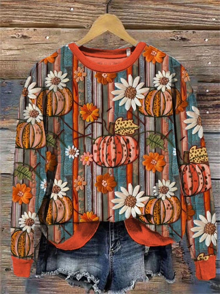 Women's Festive Pumpkin Print Crewneck Sweatshirt