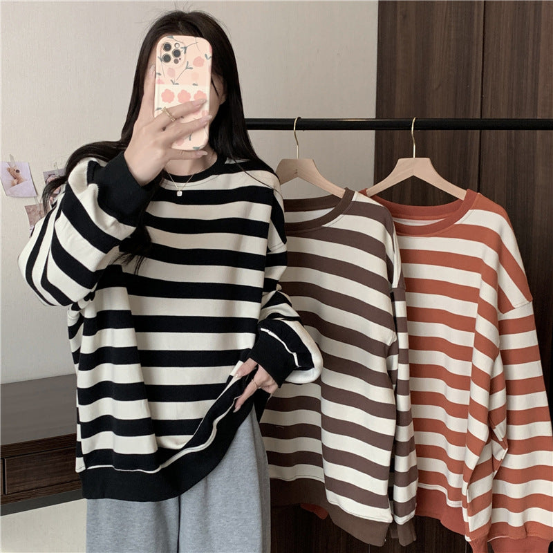 Retro Striped Crew Neck Casual Sweatshirt for Women