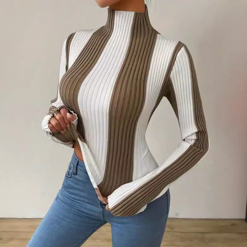 Women's Spring and Autumn Classic Black and White Contrast Color Vertical Pattern Sweater