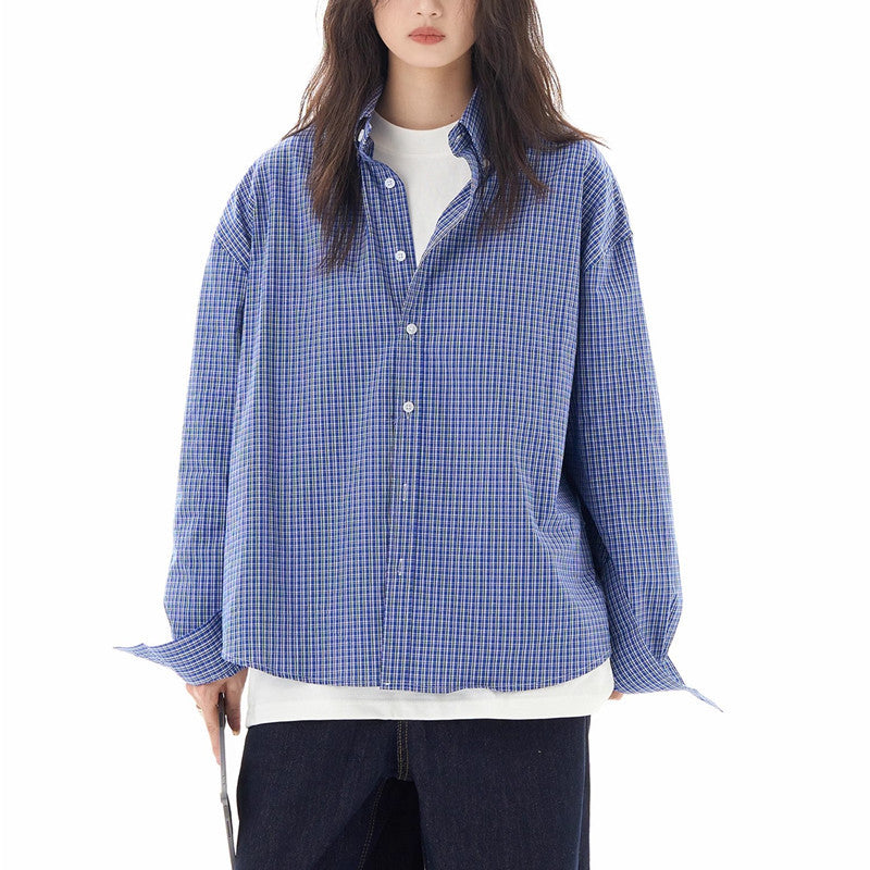 American Retro Blue Plaid Shirt Long Sleeve Women