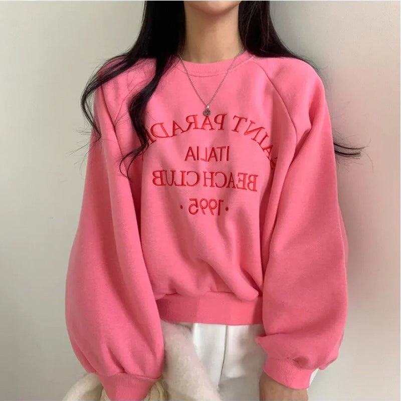 Embroidered Velvet Thick Round Neck Sweater for Women