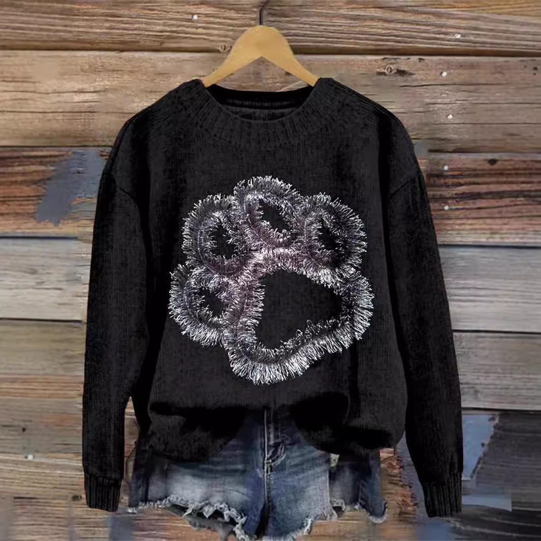 Chunky-knit Faux-sweater with Digital Print and Round Neckline