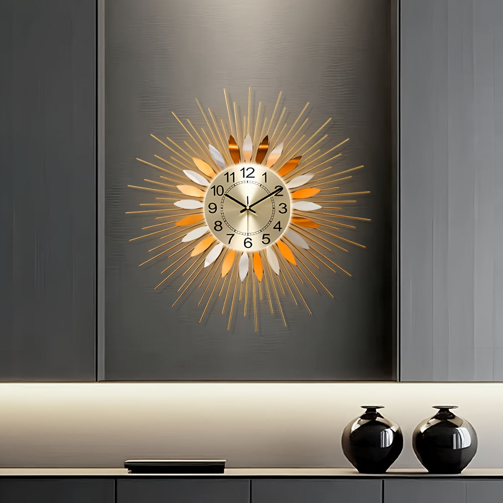 Vintage Metal Starburst Wall Clock, 23 * 23 Inch Mid Century Mounted Wall Clocks With Light, Large Creative Silent No-Ticking Wall Art Clock For Entryway Bedroom Offic Dinning Room Kitchen Decor