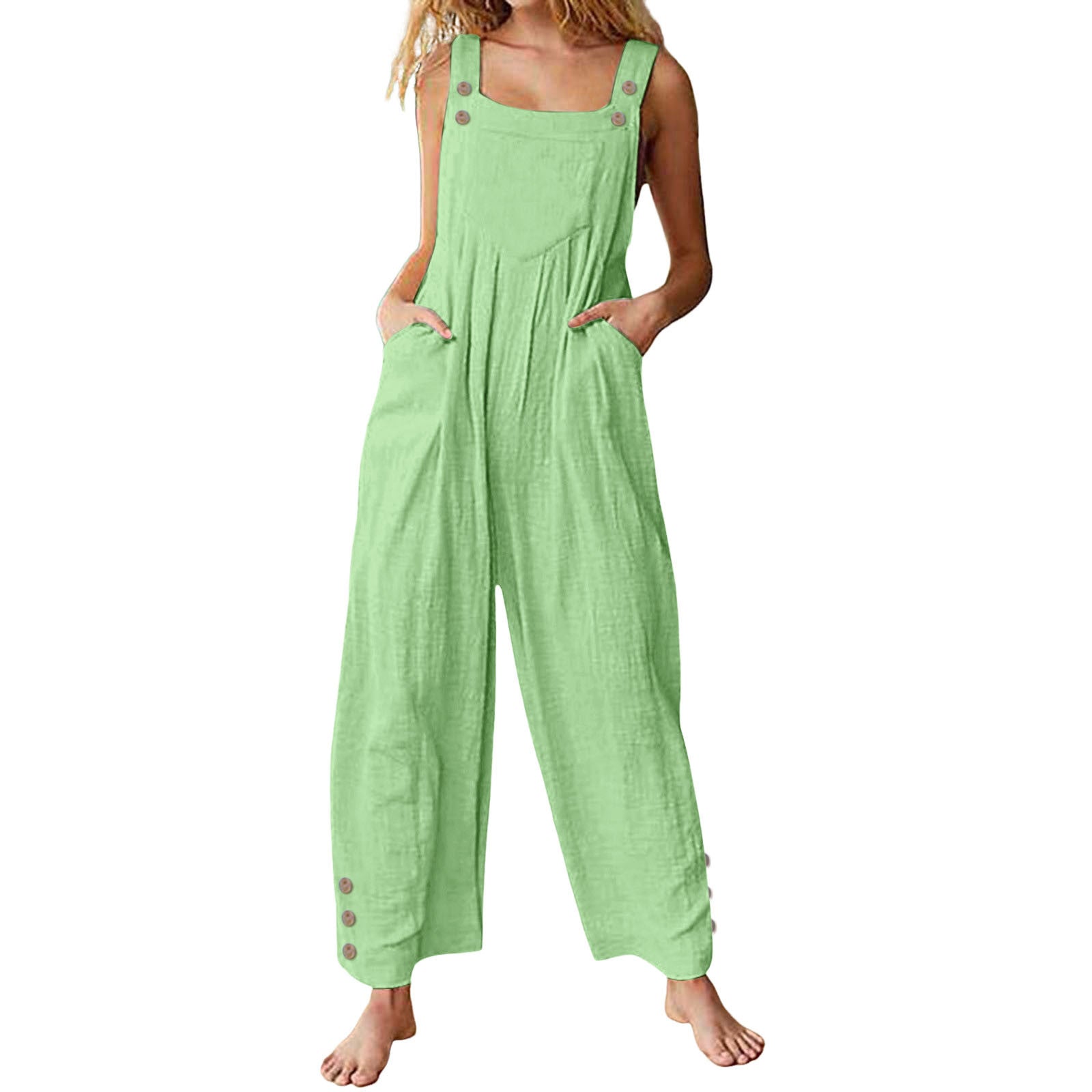 Womens Casual Loose-fitting Sleeveless Buttoned Jumpsuit