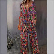 New Womens Printed Casual Crew-Neck Pocketed Loose Long-Sleeve Jumpsuit
