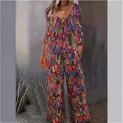 New Womens Printed Casual Crew-Neck Pocketed Loose Long-Sleeve Jumpsuit