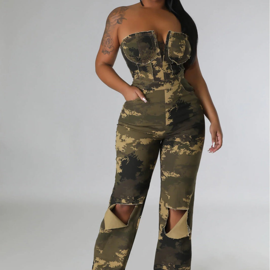 Off-shoulder Camouflage Chic Western-style Womens Jumpsuit