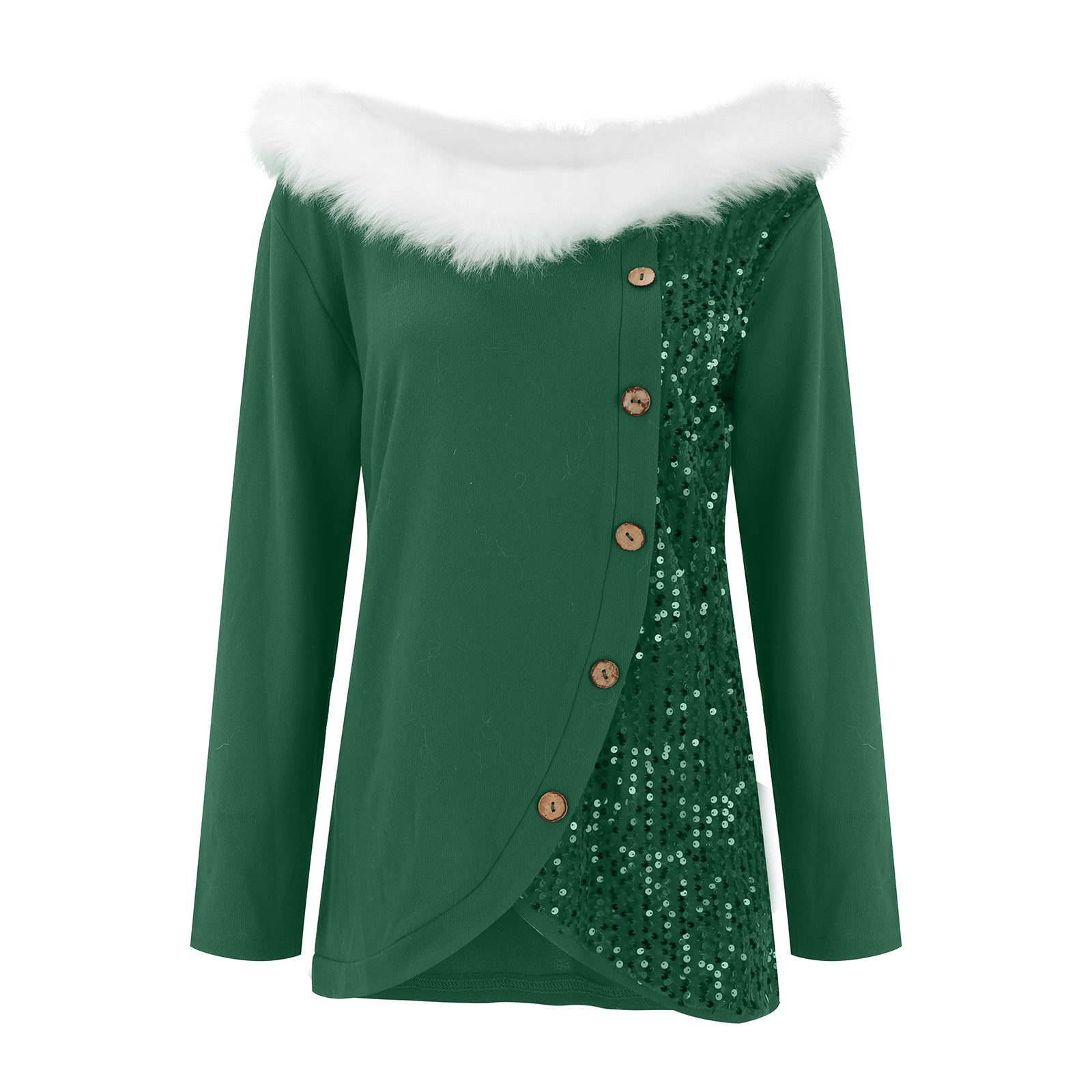 Sequin Fur Collar Off-Shoulder Long Sleeve Top