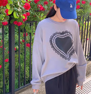 Cozy Heart Print Long Sleeve Crew Neck Sweatshirt