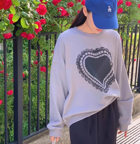 Cozy Heart Print Long Sleeve Crew Neck Sweatshirt