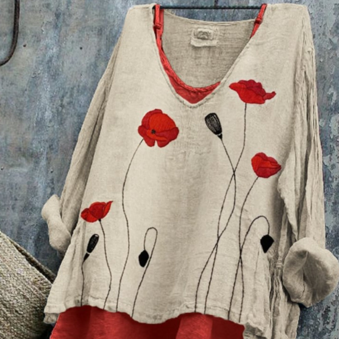 Classy Poppies Pattern Linen Long-sleeve Top