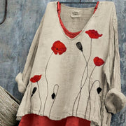 Classy Poppies Pattern Linen Long-sleeve Top