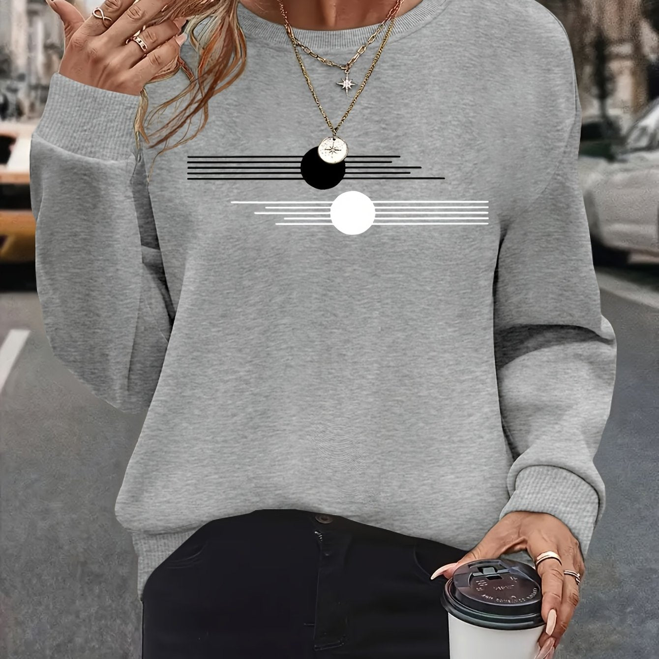 Women's Plus Size Oversized Long Sleeve Crew Neck Sweatshirt with Geometric Pattern