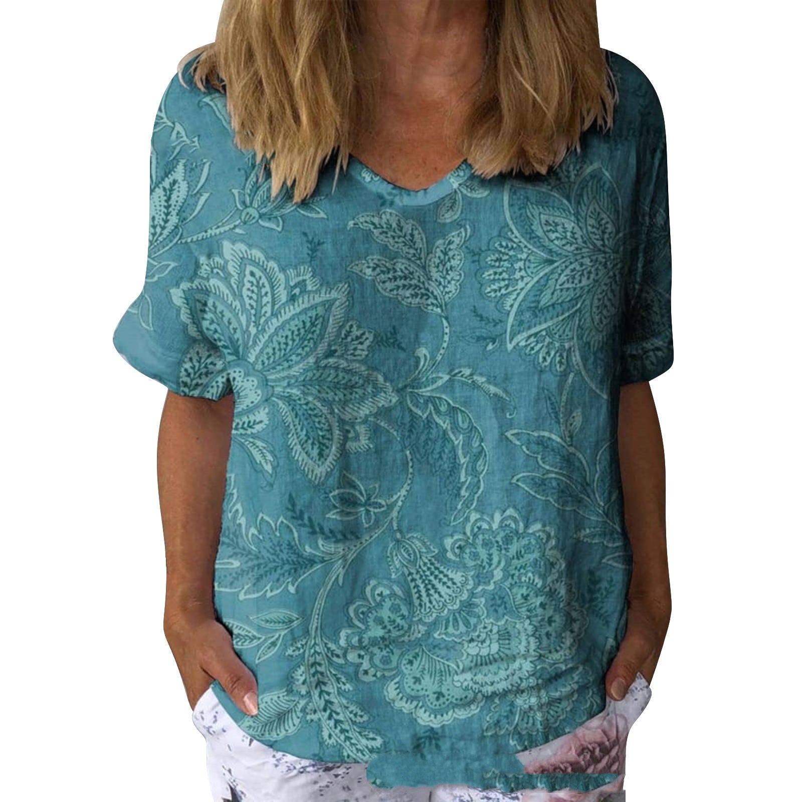 V‑Neck Short‑Sleeve 3D Printed Plus‑Size Top – Euro‑American Style