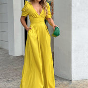 Elegant Plus Size Wide Leg Jumpsuit with Puff Sleeves