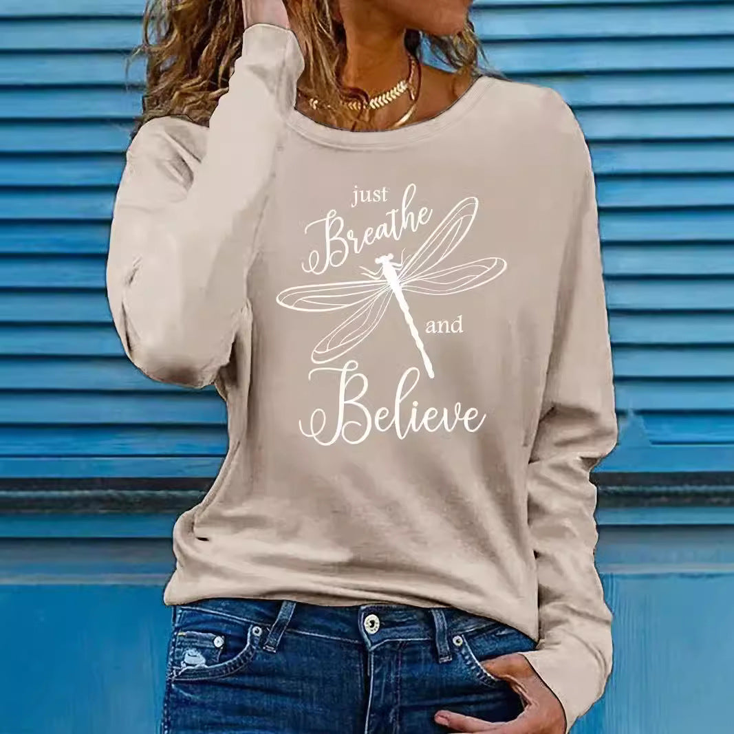 Women's Dragonfly Print Casual Long Sleeve Pullover Sweatshirt