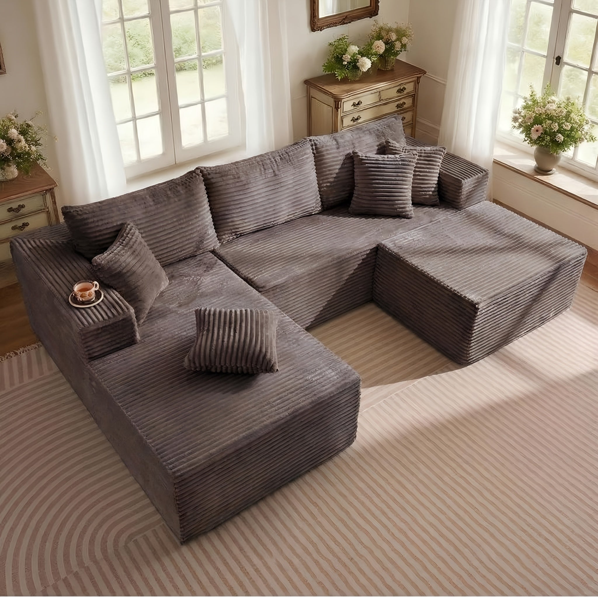 132‑Inch U‑Shaped Modular Corduroy Sofa Bed with Convertible Sleeper