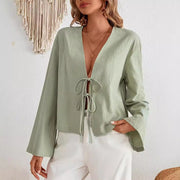 Womens Casual Loose V-Neck Hollowed Solid-Color Shirt