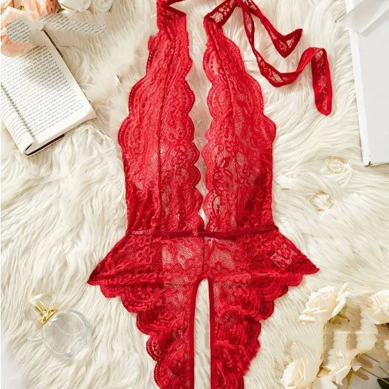 Lace Deep V-Neck Open-Crotch Teddy Bodysuit with Straps