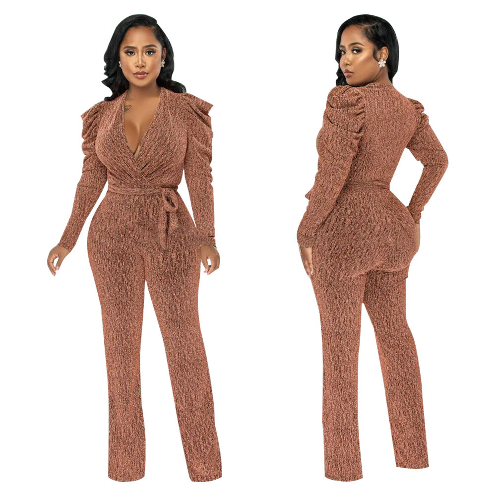 Glossy V-Neck Puff Sleeve Waist-Trimming Jumpsuit
