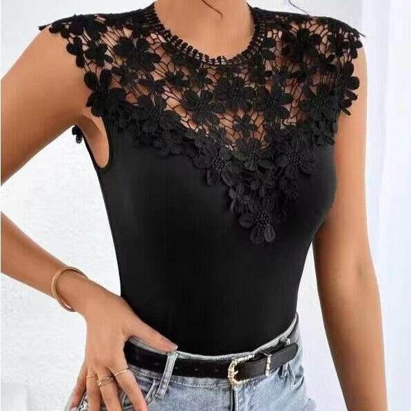 Elegant Lace-Trimmed Sleeveless Stretch Top for Women