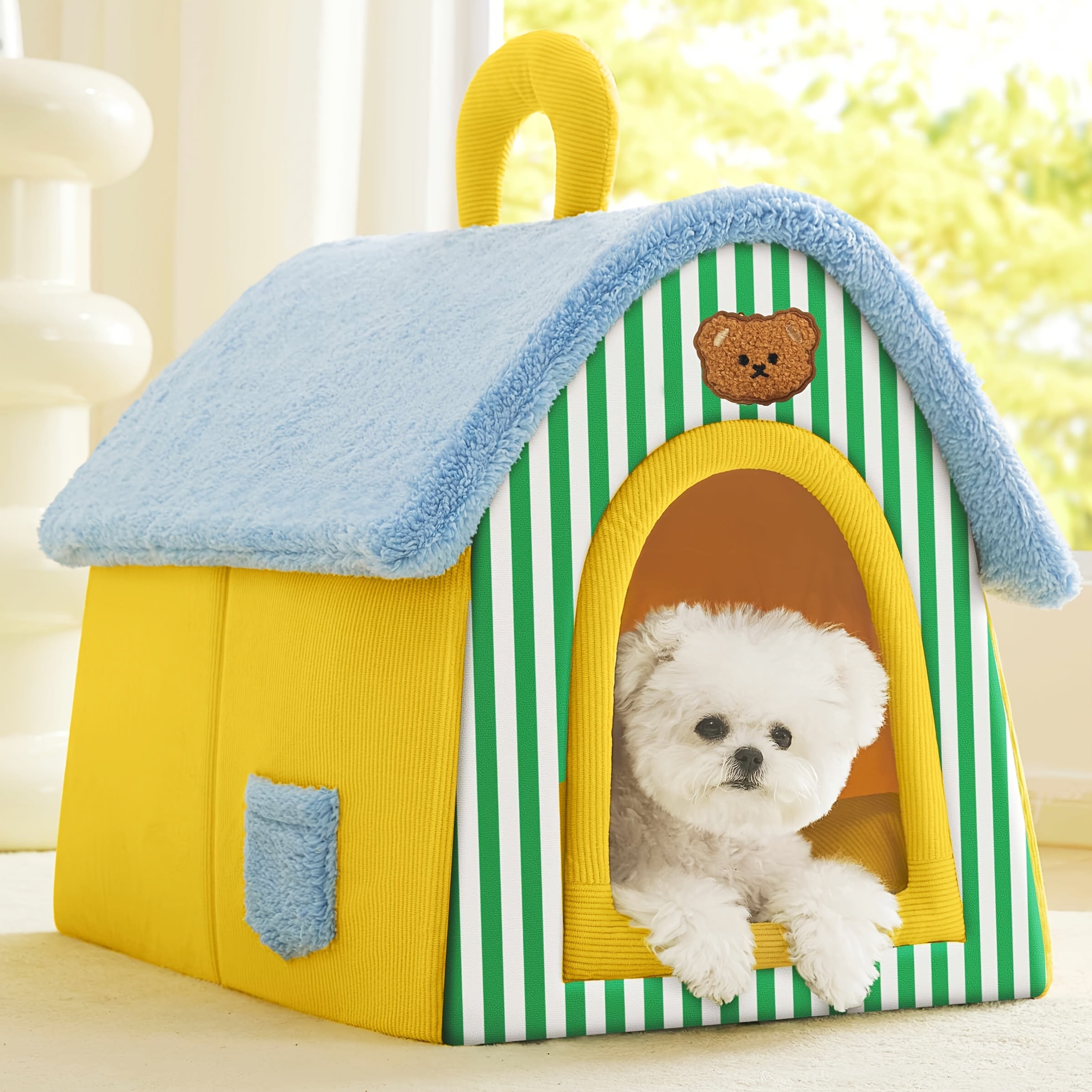 Detachable & Washable Pet Bed House For Cats And Small/medium Dogs - Cozy Soft Warm Cat & Dog Nest With Green & White Striped Design, Durable Polyester Fabric, Easy Assembly Indoor/outdoor Use -