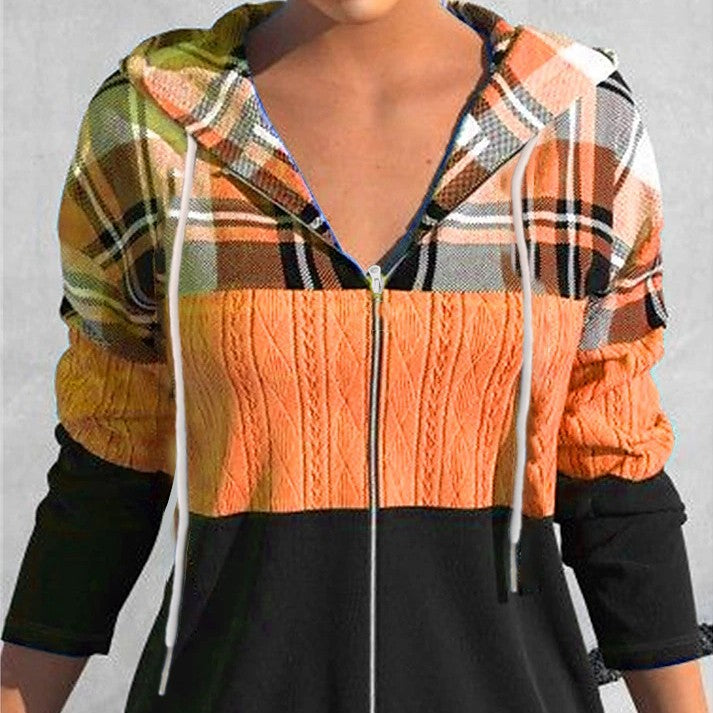 Women's Plaid Hooded Zipper Cardigan Sweater