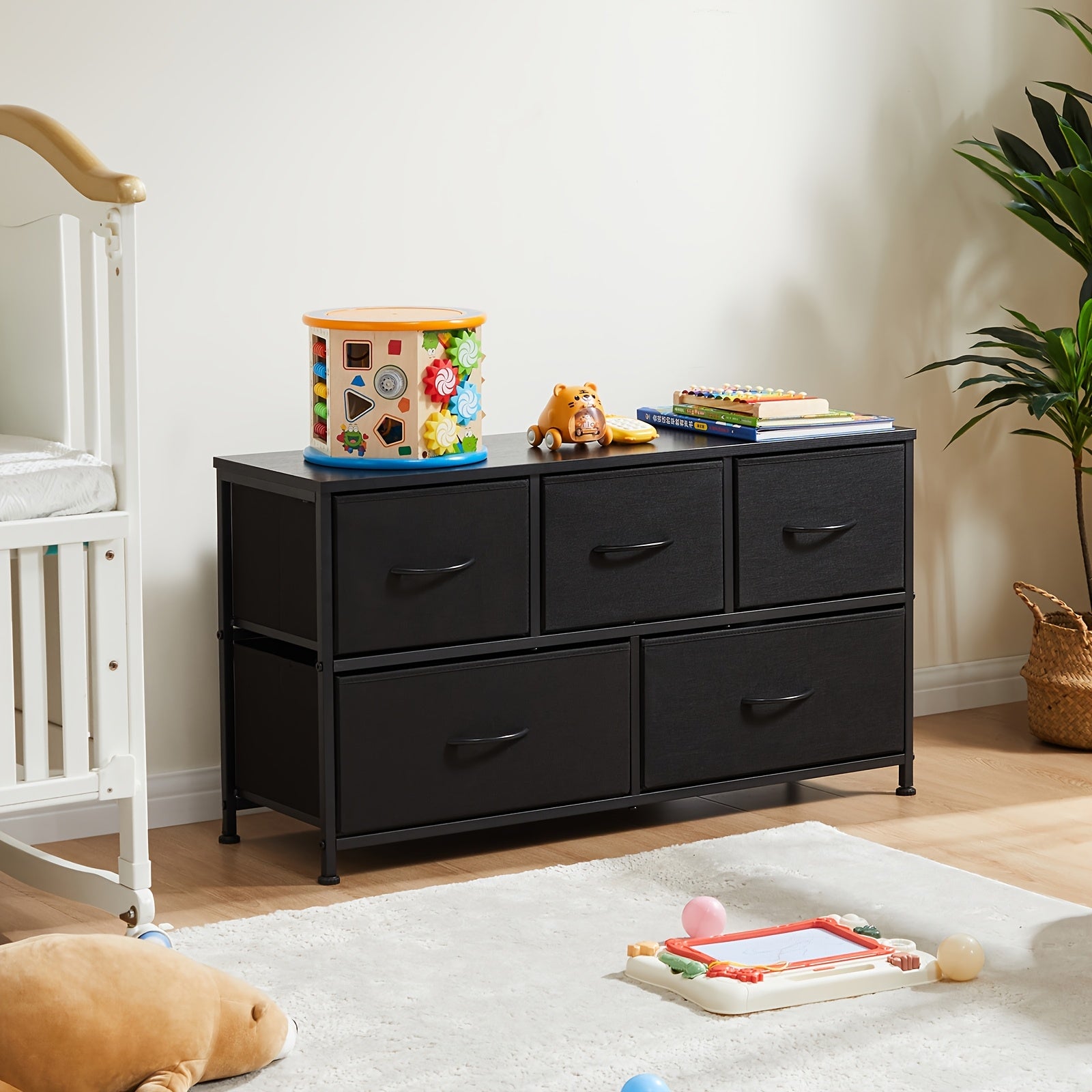 5-Drawer Low Chest Dresser with Fabric Drawers and Removable Bins
