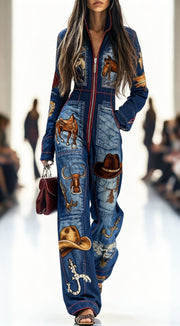 Retro Casual Zippered Long-Sleeve Wide-Leg Jumpsuit