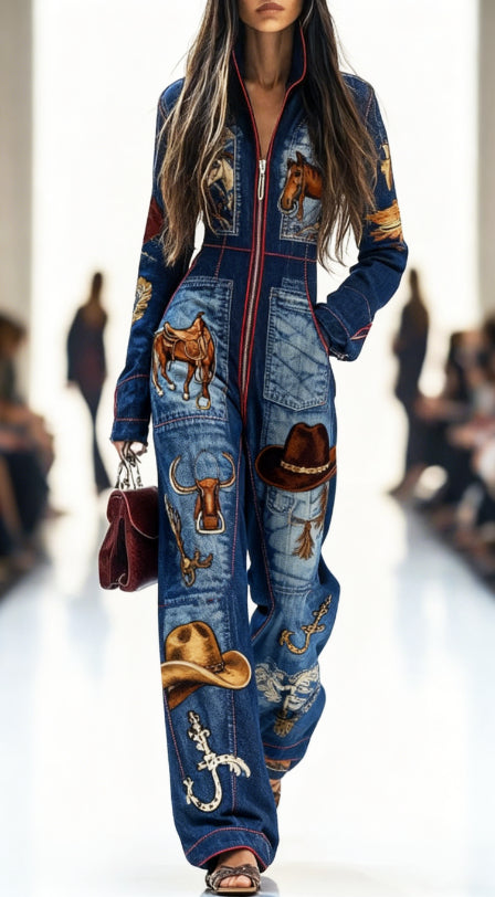 Retro Casual Zippered Long-Sleeve Wide-Leg Jumpsuit