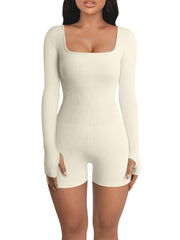 Slim-Fit Square Collar Long Sleeve Casual Jumpsuit