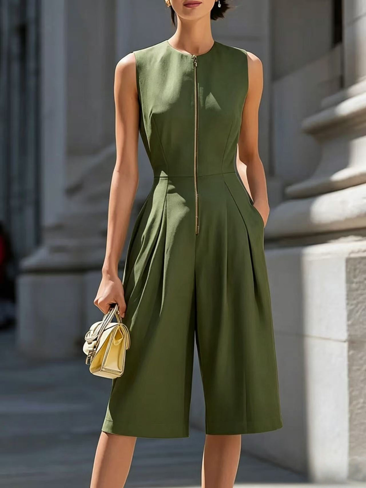 Solid-color Zip-front Crew-neck Sleeveless Wide-leg Jumpsuit