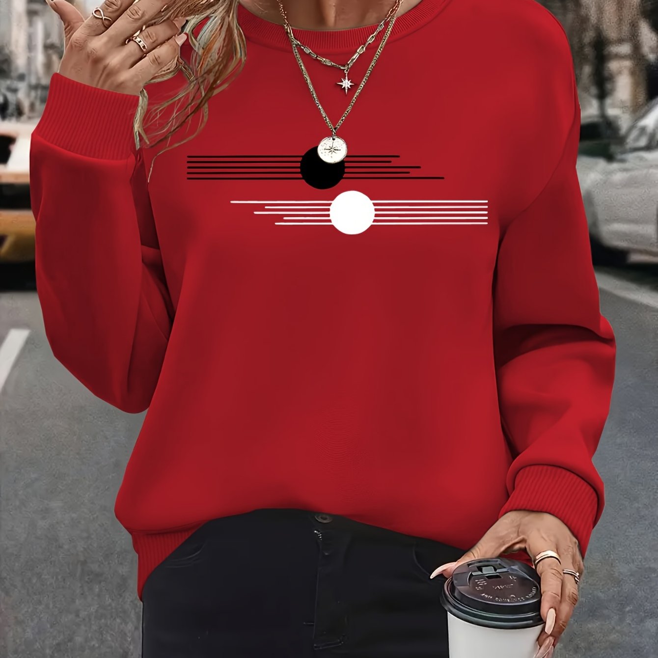 Women's Plus Size Oversized Long Sleeve Crew Neck Sweatshirt with Geometric Pattern