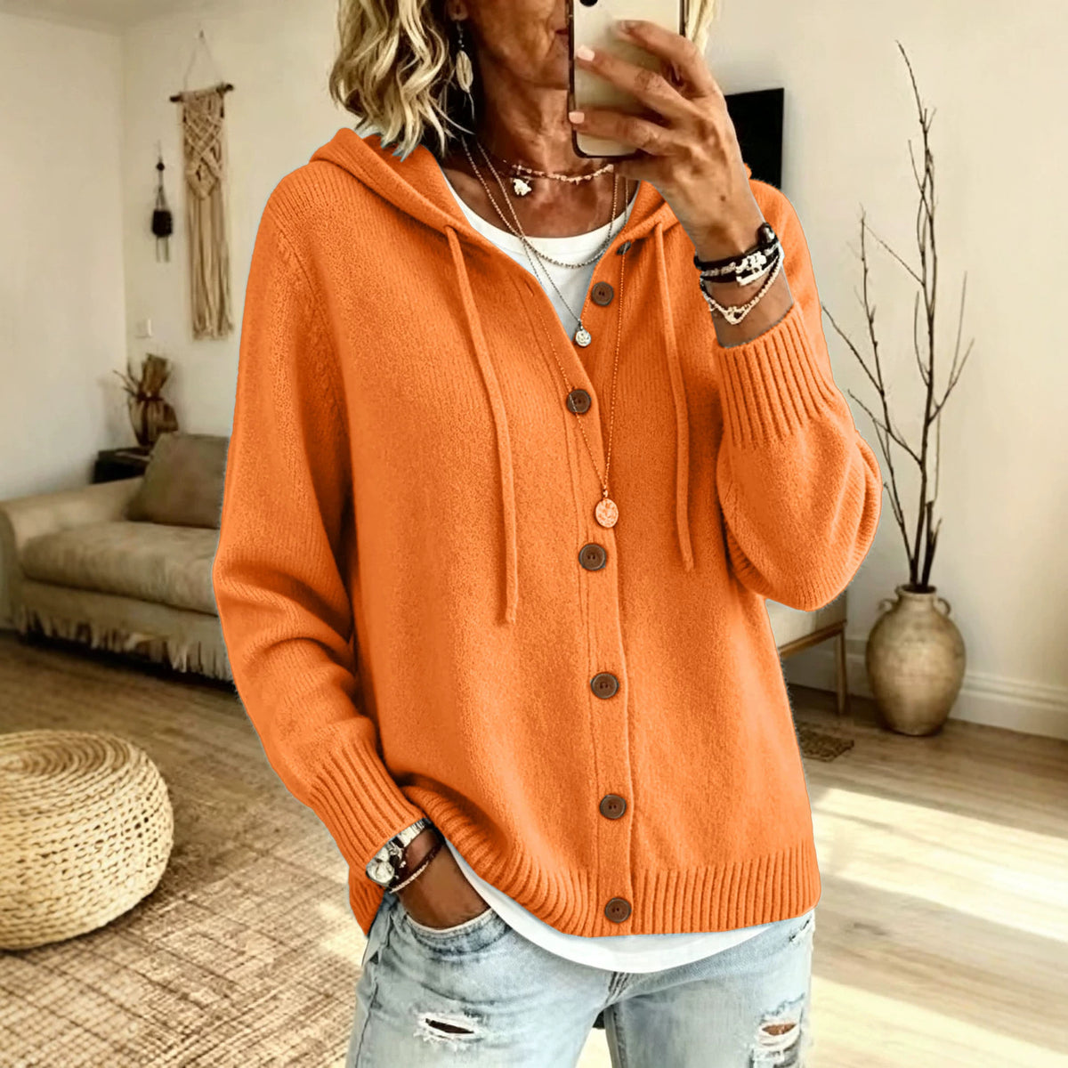 Hooded Drawstring Sweatshirt Cardigan with Knitted Buttons