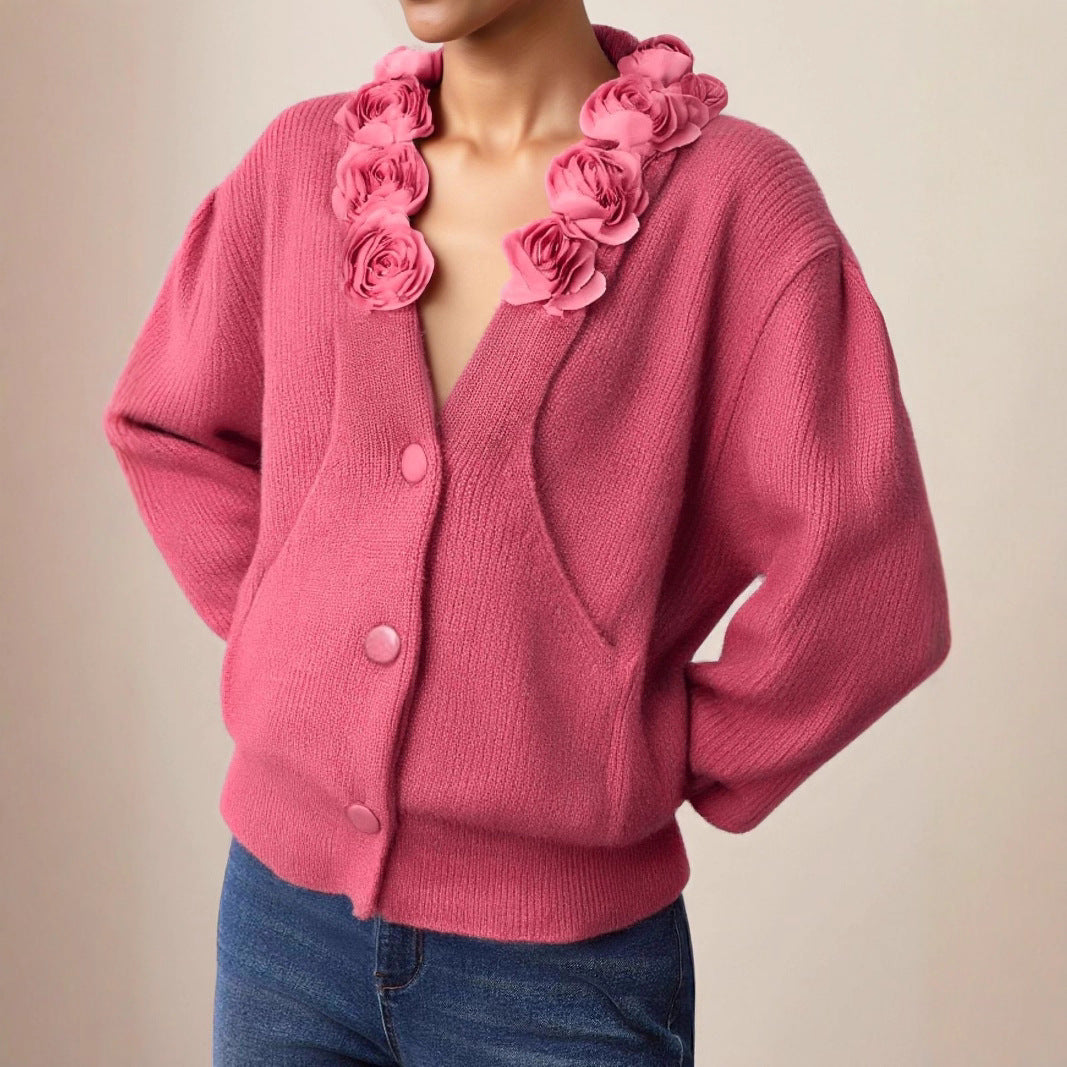 Autumn and Winter French Rose V-neck Sweater