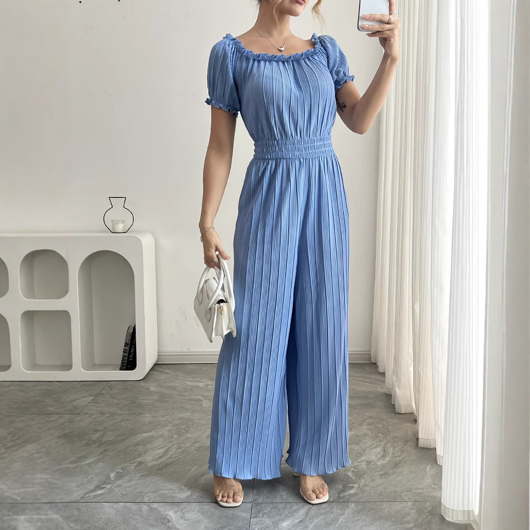 Chiffon Square-neck Pleated Lace-up Ruffled One-piece Pants