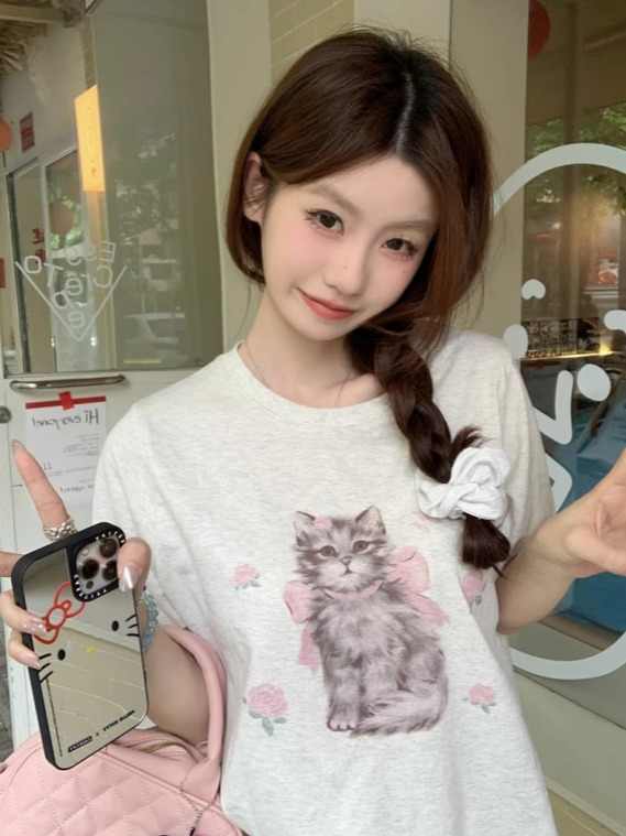 Cat Printing Short-sleeved T-shirt For Women Round Neck Loose Top