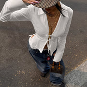 Street-style French Retro Lace-up Bow-waist Slimming Shirt