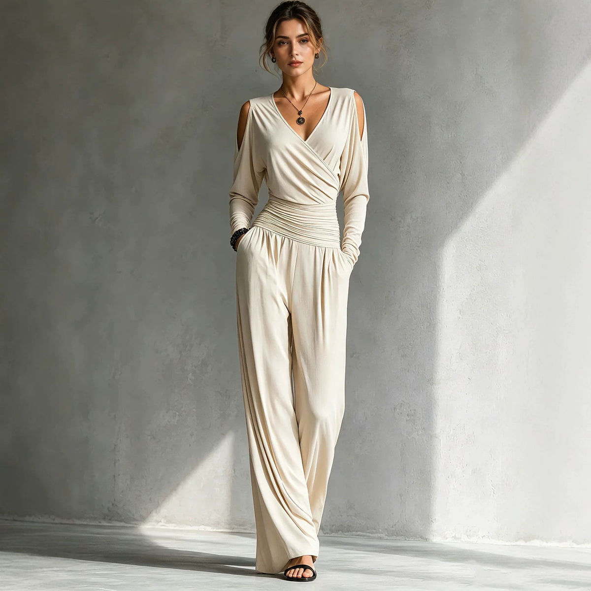 Long-sleeve Waist-cinched Pleated Casual Jumpsuit