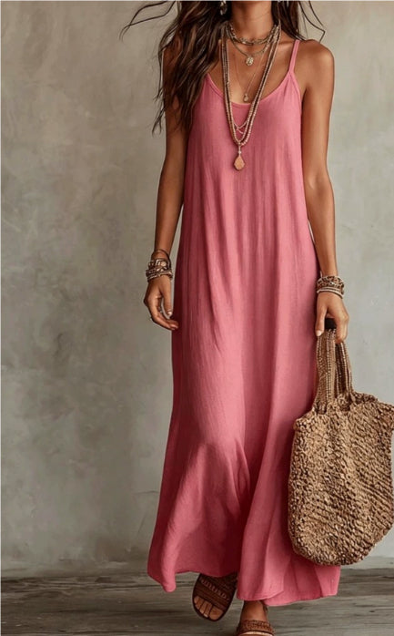 Womens Bohemian Loose-fit Solid-color Dress
