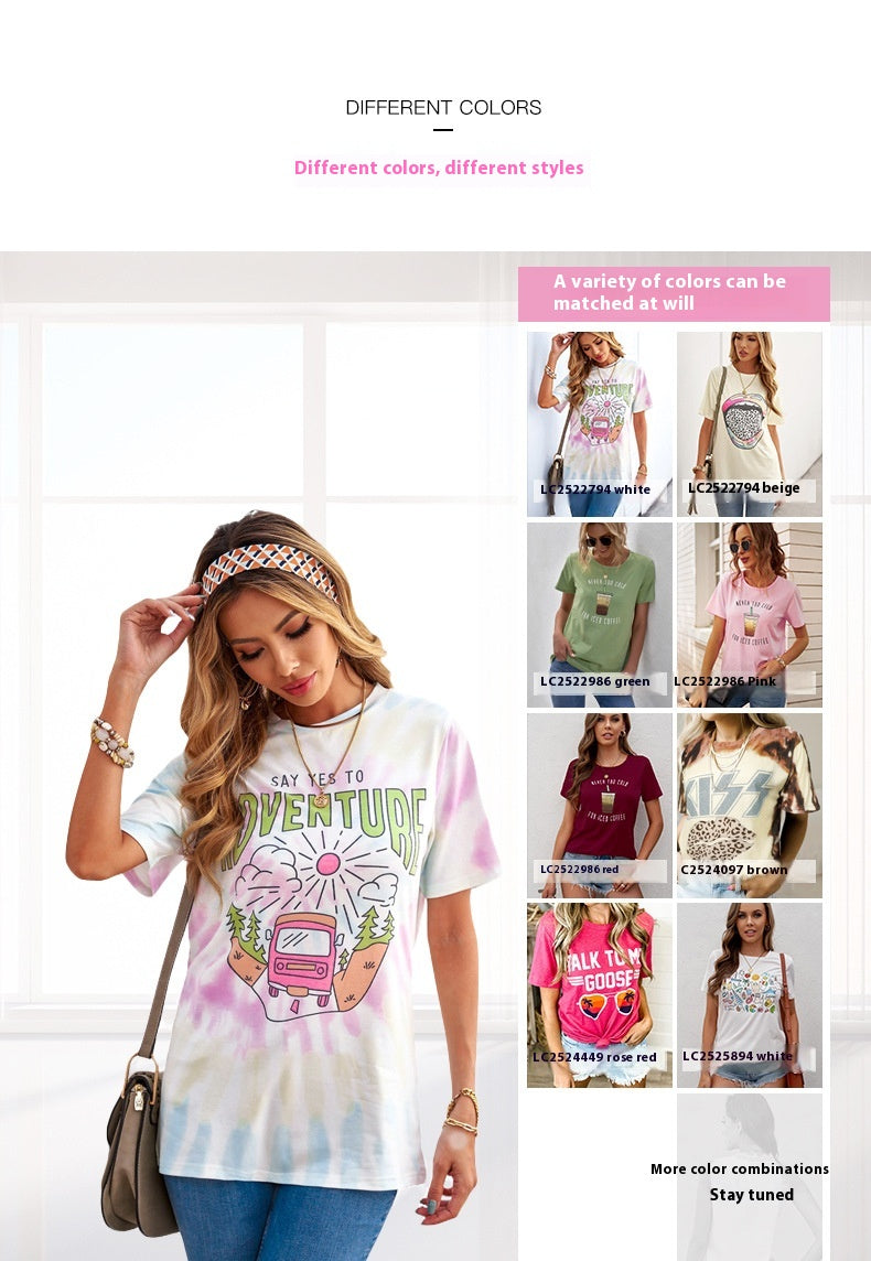 Casual Tie-Dyed Letter Print Short-Sleeve T-Shirt
