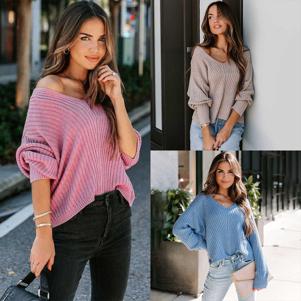 Casual V-Neck Solid Color Long Sleeve Sweater