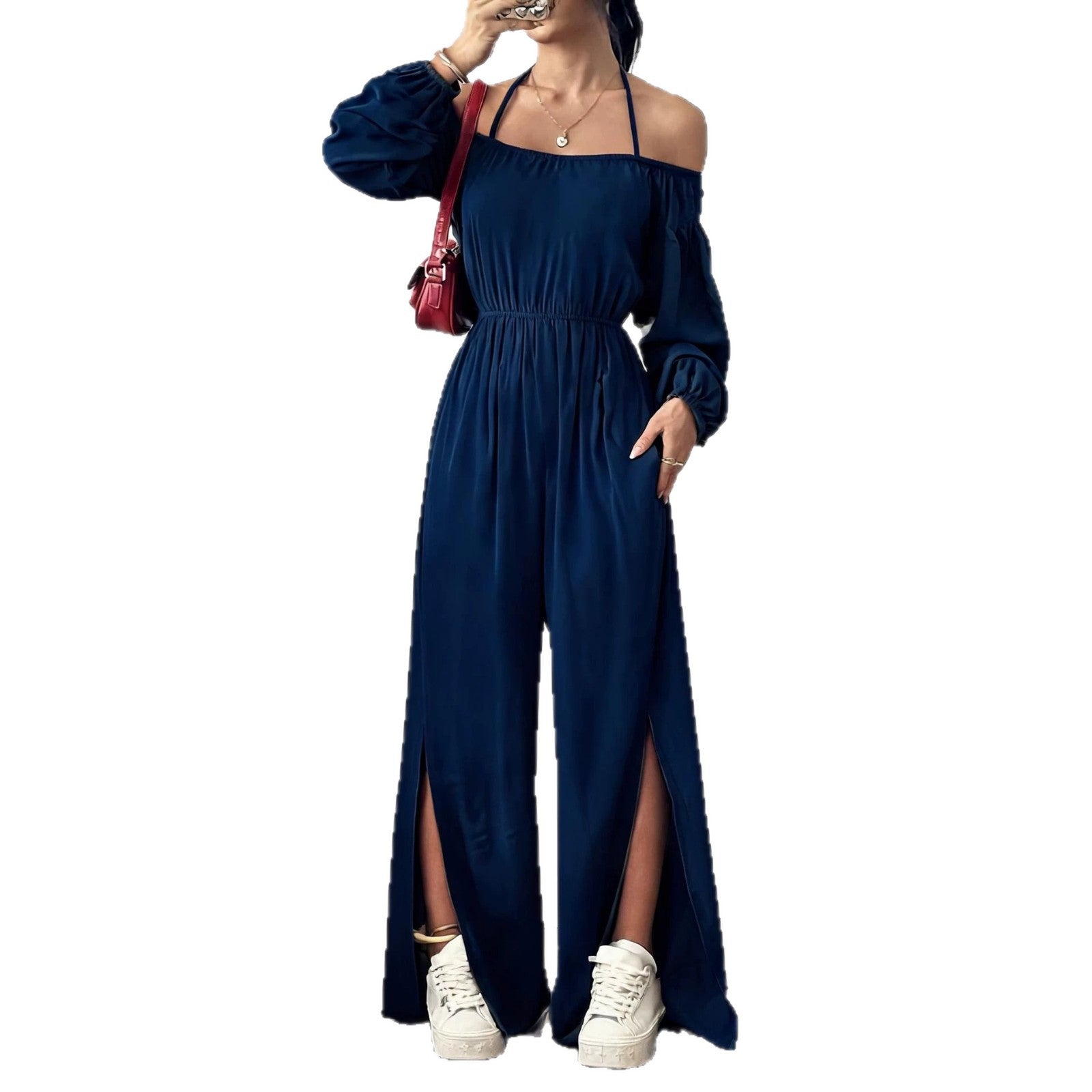 Women's Casual Strapless Slit Wide-Leg Jumpsuit