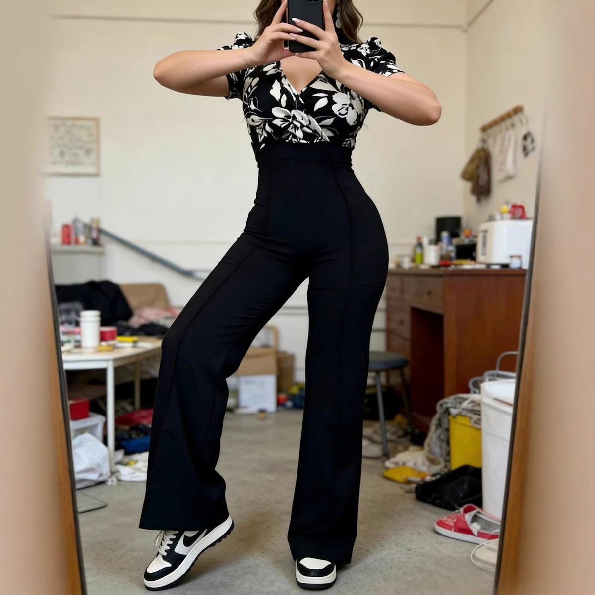Chic Black Short-Sleeve Cropped Jumpsuit & Pants