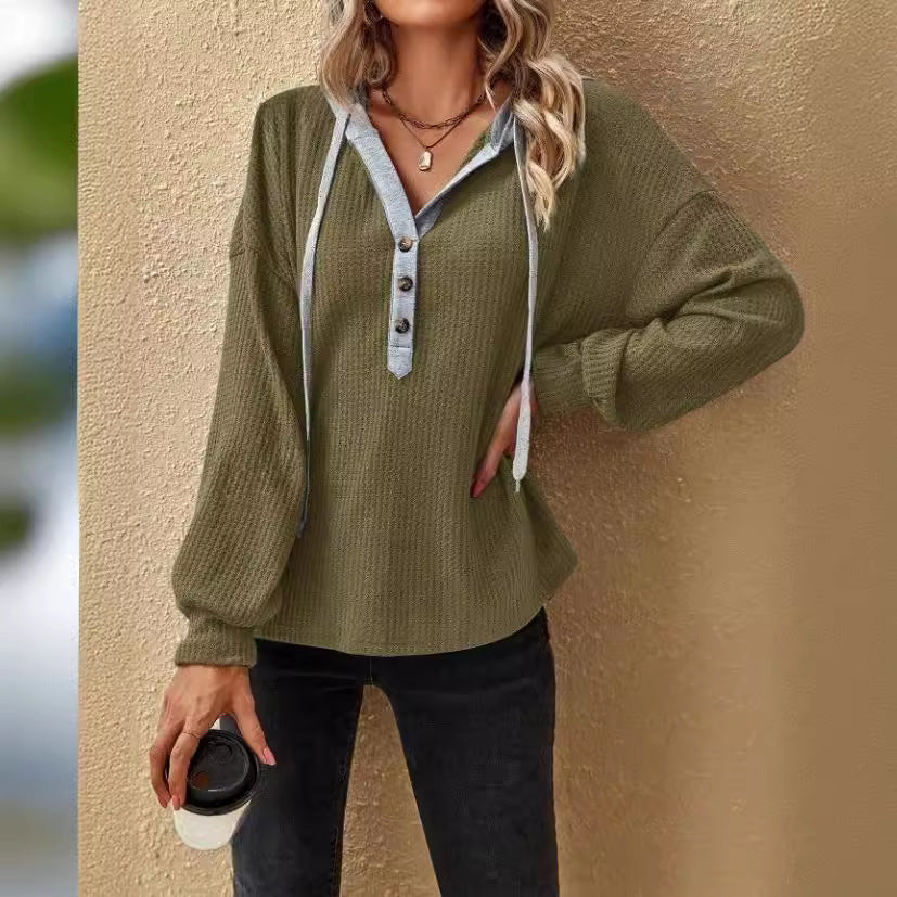 Women's Casual Button Hooded Waffle Knit Sweater
