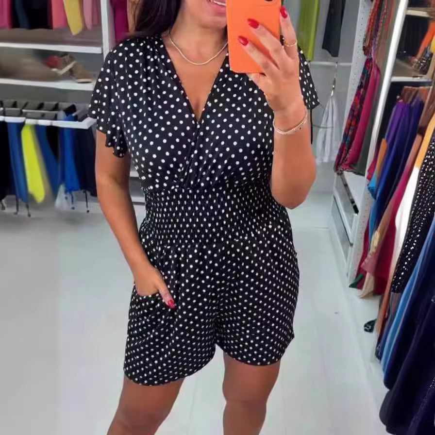 Polka Dot V-neck Short-sleeved One-piece Shorts