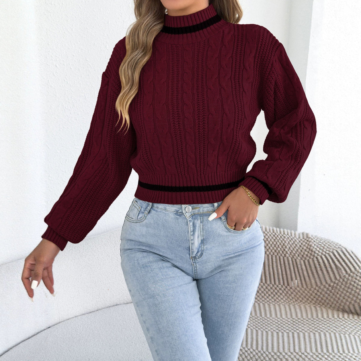 Fallwinter Casual Colorblock Mock-neck Fittedwaist Sweater
